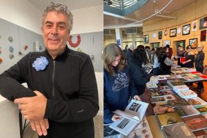 Two pictures are lined up side by side. On the left is an image of a man, Charon, propping his arm up on a ledge while wearing a blue, flowery broach. On the right is an image of a group of tables with many books laid on top. Individuals are looking through the books.