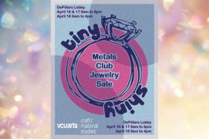 The poster has an illustration of a diamond ring with the words "Tiny Shiny" around it. It also has the words "Metals Club Jewelry Sale" in the center hole of the ring.