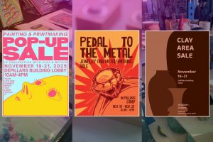 The posters for the pop-up sales are lined up. The painting and printmaking poster features an illustration of a woman's face on the bottom half of the page. The metals and jewelry sale features an illustration of a diamond ring. The ceramics poster features silhouettes of clay pots.