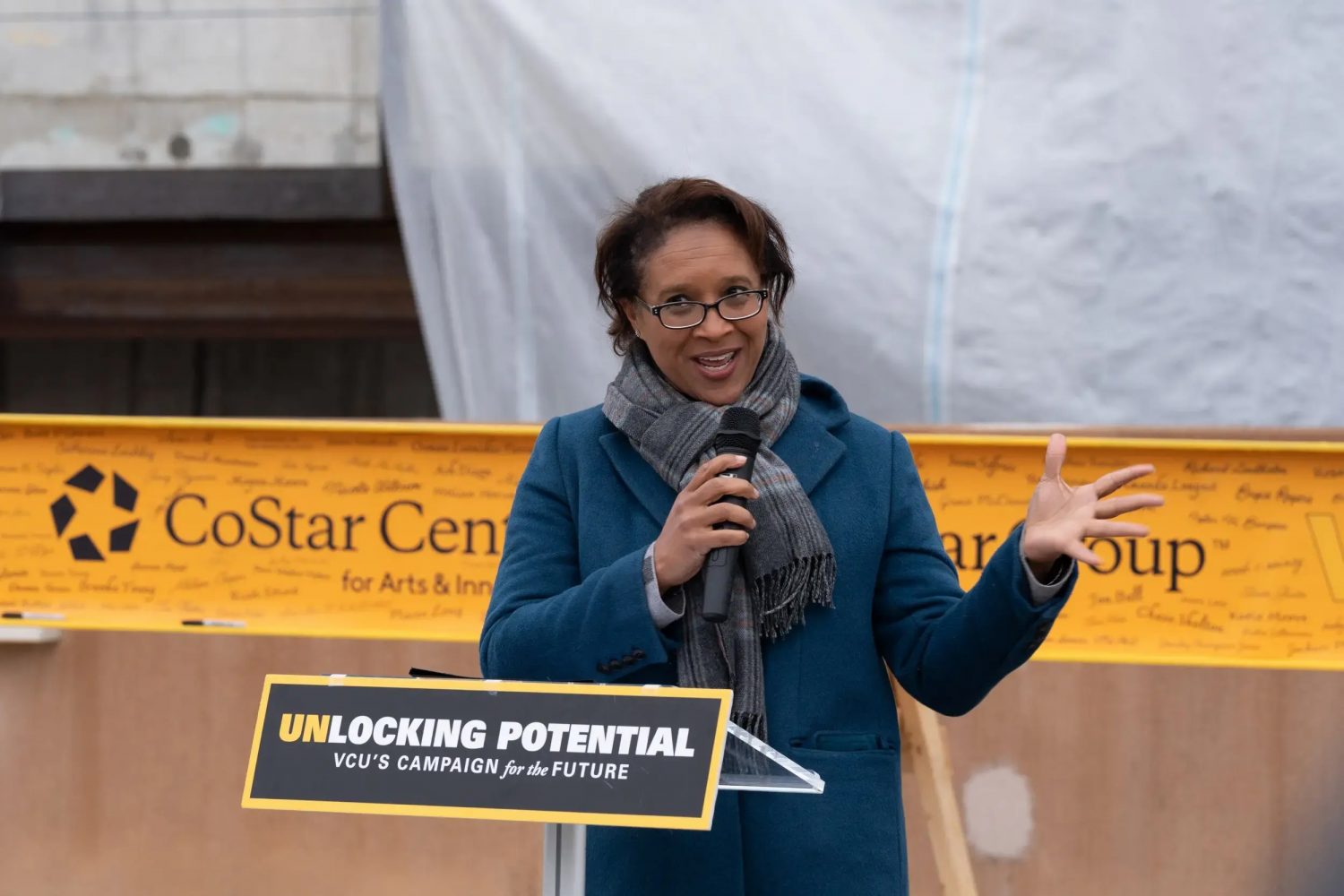 VCUarts Dean Carmenita Higginbotham speaking at a podium
