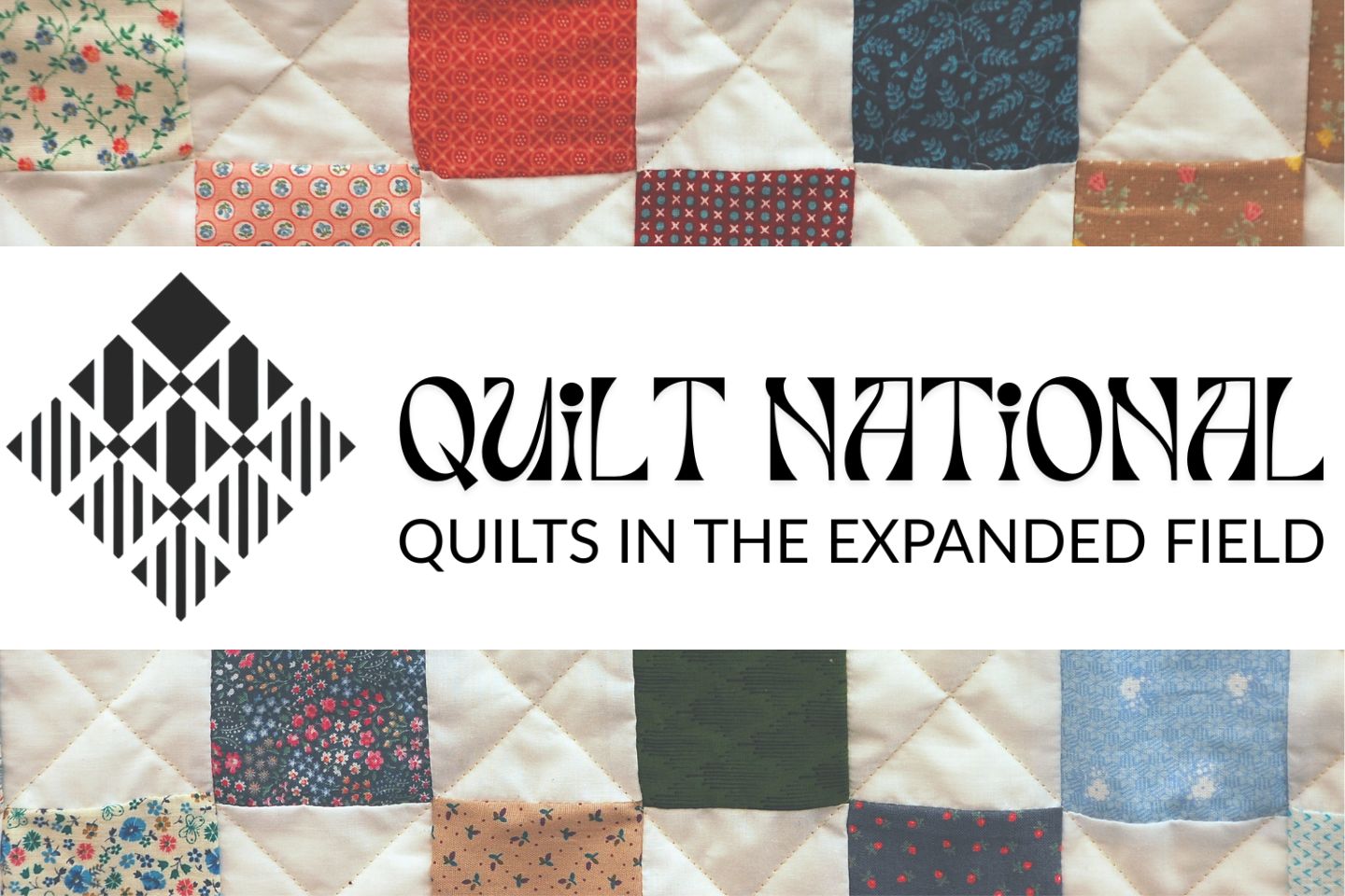 To the left is a geometric quilt square logo. On the right is text that reads, "Quilt National. Quilts in the Expanded Field."