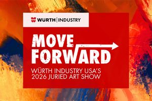 A colorful abstract painting. Over the painting is the text, "Wurth Industry. Move Forward. Wurth Industry U.S.A.'s 2026 Juried Art Show."