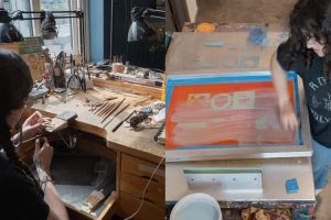Two photos side by side. The photo on the left shows a student sawing a piece of metal at a jewelry work bench. The right photo show a student dragging ink through a screenprinting screen.