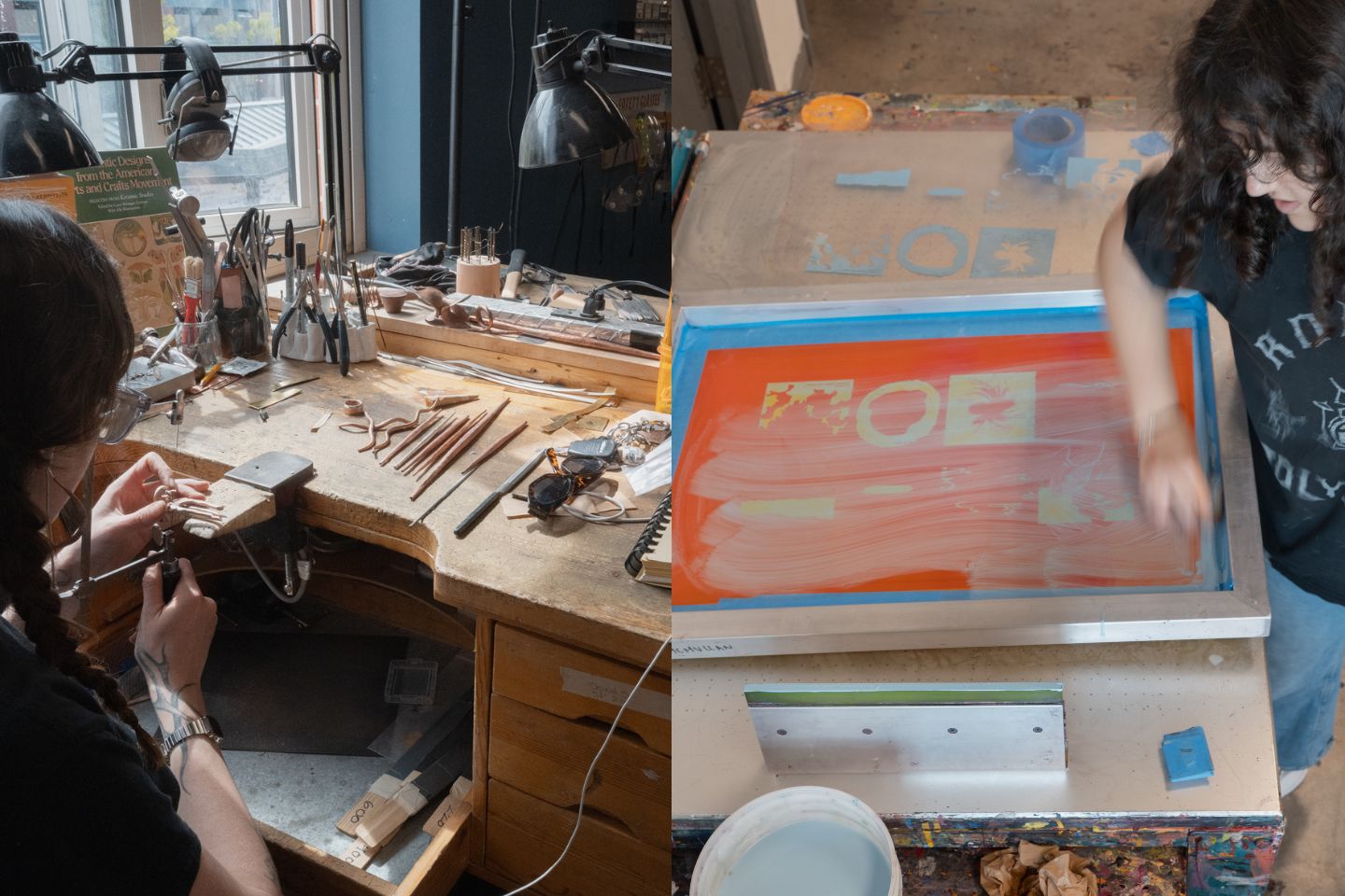 Two photos side by side. The photo on the left shows a student sawing a piece of metal at a jewelry work bench. The right photo show a student dragging ink through a screenprinting screen.