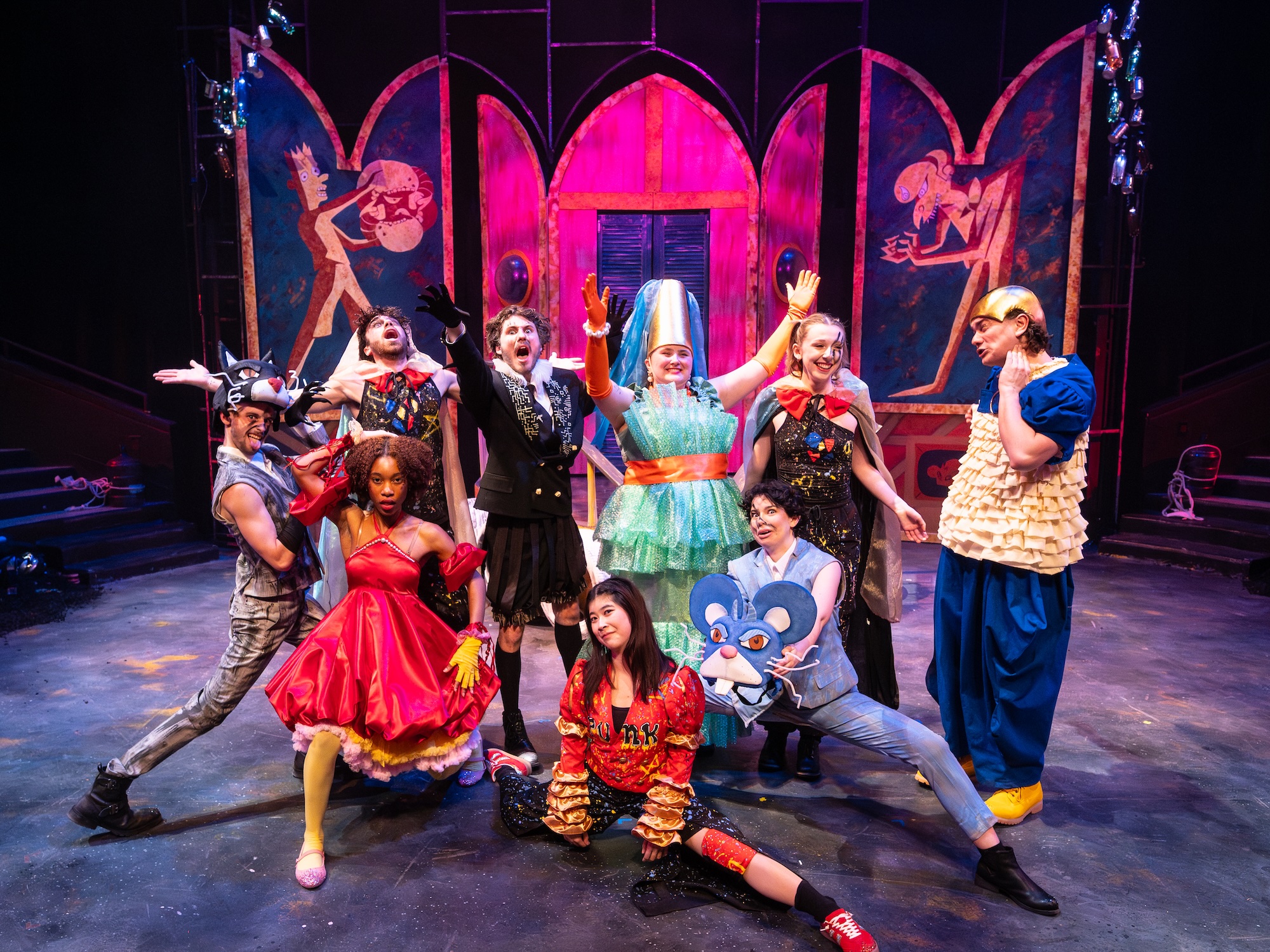 Theatre students performing on stage in Mr Burns: A Post Electric Play at VCU