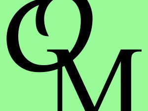 black text on green background reading "O M"
