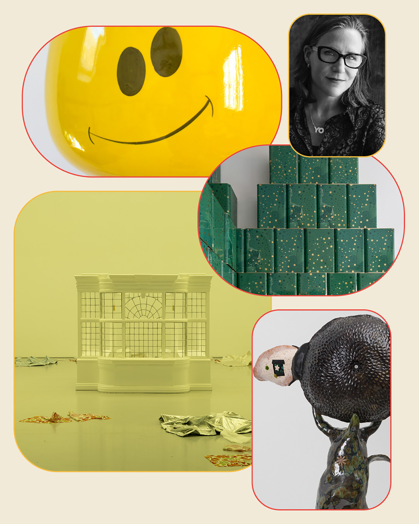 A collage of photographs includes a ceramic head with a smiley face on it, a photo of a woman smiling, a stack of green metal boxes, a sculpture of an exterior of a building, and an abstract ceramic sculpture with a camera lense in the center.