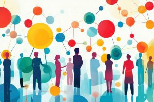 A colorful illustration of people and a representation of interconnected ideas
